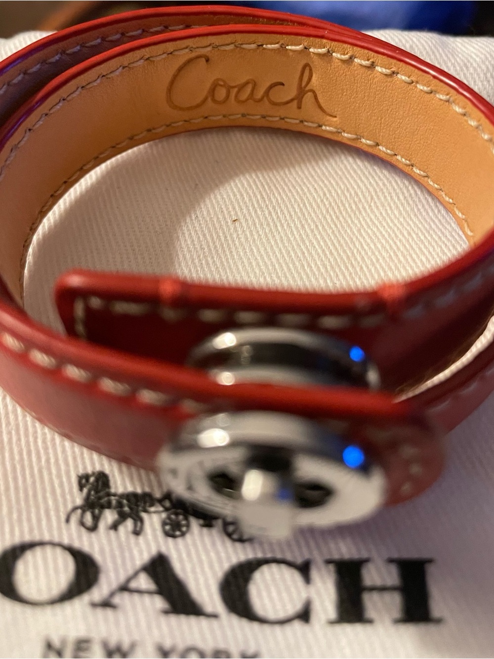 Coach Red Leather Double Wrap Bracelet with Silver Turnlock - Picture 2 of 3